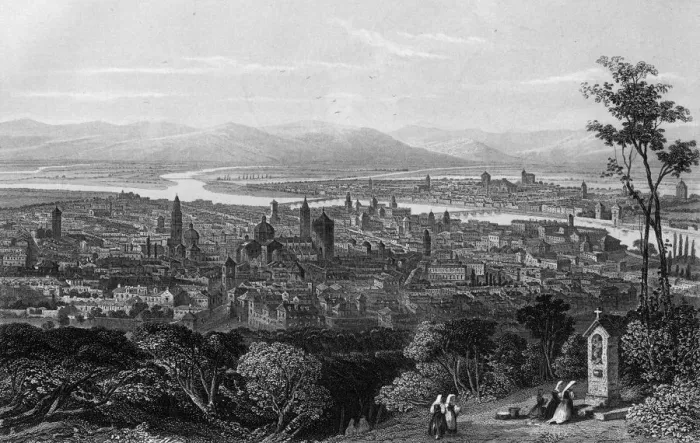 Framed Print : Parma. circa 1850: View of Parma, Italy with the Parma river winding through it Framed Print : Parma. circa 1850: View of Parma, Italy with the Parma river winding through it