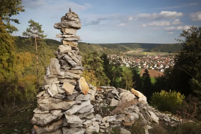 Framed Print : View past a cairn towards Dietfurt from Hirschblick lookout, Dietfurt, Bavaria, Germany Framed Print : View past a cairn towards Dietfurt from Hirschblick lookout, Dietfurt, Bavaria, Germany