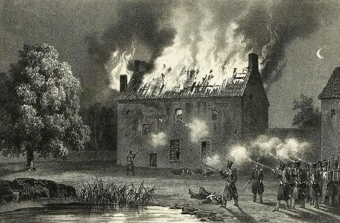 Framed Print : View of the Penissiere Commune, at the time of the battle, burning house, 1832, France, Historic, digitally restored reproduction from a 19th century original Framed Print : View of the Penissiere Commune, at the time of the battle, burning house, 1832, France, Historic, digitally restored reproduction from a 19th century original