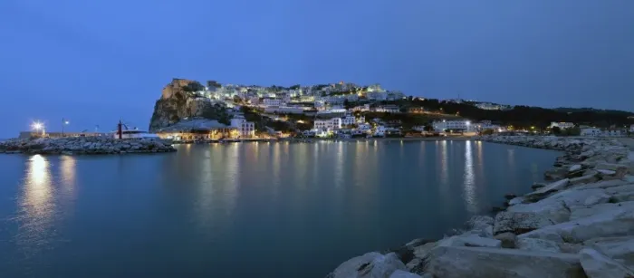 Framed Print : View towards Peschici at night, province of Foggia, Apulia, Puglia, Gargano, Adria, Italy, Europe Framed Print : View towards Peschici at night, province of Foggia, Apulia, Puglia, Gargano, Adria, Italy, Europe