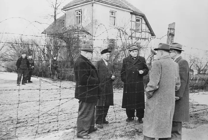 Framed Print : View of Political Officials Talking at Iron Curtain Framed Print : View of Political Officials Talking at Iron Curtain