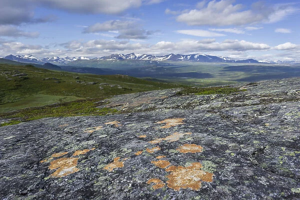 View from the Prinskullen mountain, rocks and lichen at the front, Kvikkjokk, Norrbotten County, Sweden