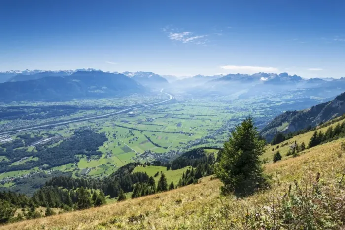 Framed Print : View of the Rhine valley as seen from the geological mountain trail, canton of Appenzell Inner-Rhodes, Switzerland, Europe Framed Print : View of the Rhine valley as seen from the geological mountain trail, canton of Appenzell Inner-Rhodes, Switzerland, Europe