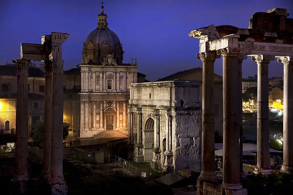 View of the ruins of the Roman Forum in Rome at twilight
