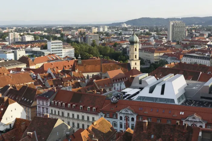 Framed Print : View from Schlossberg, castle hill, Cafe Lounge on the roof of Kastner and Oehler, Franciscan Church, Graz, Styria, Austria, Europe, PublicGround Framed Print : View from Schlossberg, castle hill, Cafe Lounge on the roof of Kastner and Oehler, Franciscan Church, Graz, Styria, Austria, Europe, PublicGround
