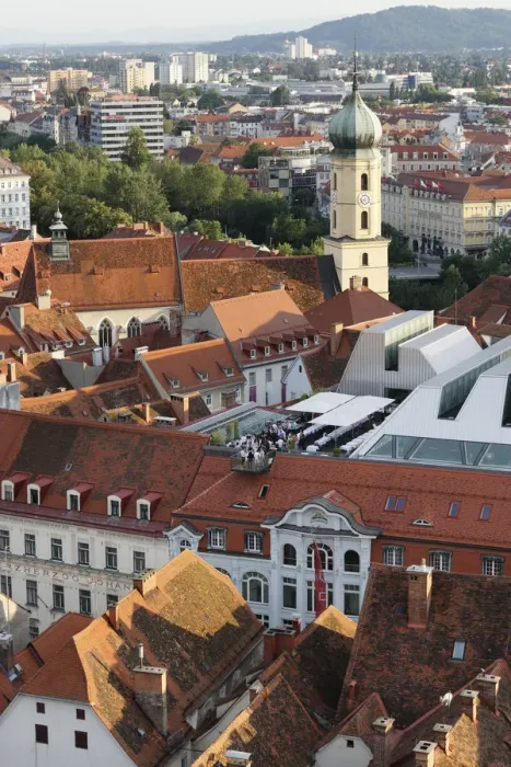 Framed Print : View from Schlossberg, castle hill, Cafe Lounge on the roof of Kastner and Oehler, Franciscan Church, Graz, Styria, Austria, Europe, PublicGround