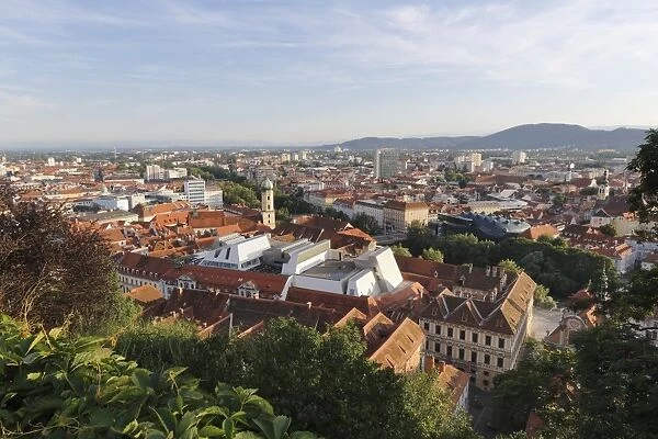 View from Schlossberg, castle hill, Franciscan Church and Cafe Lounge in the roof of Kastner and Oehler, Graz, Stryria, Europe, PublicGround