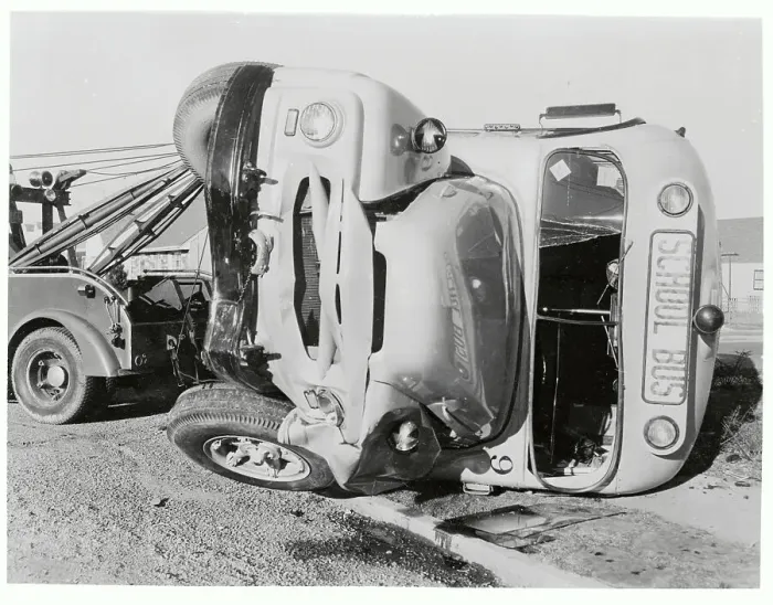 Framed Print : View of School Bus After Crashing