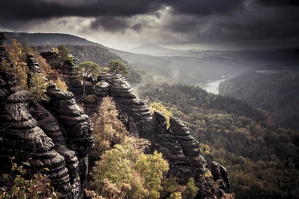 View from Schrammstein lookout point, Elbe Sandstone Mountains, Saxony, Germany
