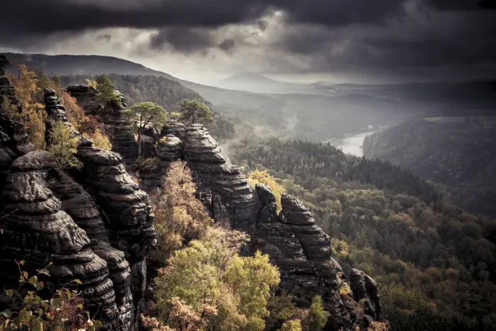 Framed Print : View from Schrammstein lookout point, Elbe Sandstone Mountains, Saxony, Germany Framed Print : View from Schrammstein lookout point, Elbe Sandstone Mountains, Saxony, Germany