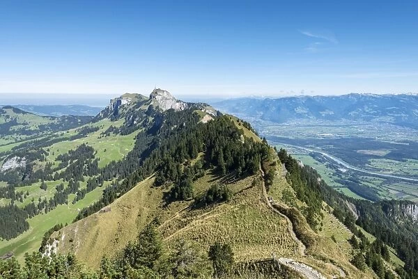 View seen from the geological mountain trail, Appenzell Alps, leading to the Hoher Kasten mountain, 1794m, canton of Appenzell Inner-Rhodes, Switzerland, Europe