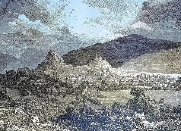View of Sion, Sion, Switzerland, Valais, Historic, digitally restored reproduction from a 19th century original