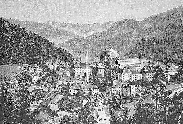 View of St. Blasien with the monastery and the cathedral of St. Blasius in the Black Forest, Germany, historical, digitally restored reproduction of a 19th century original