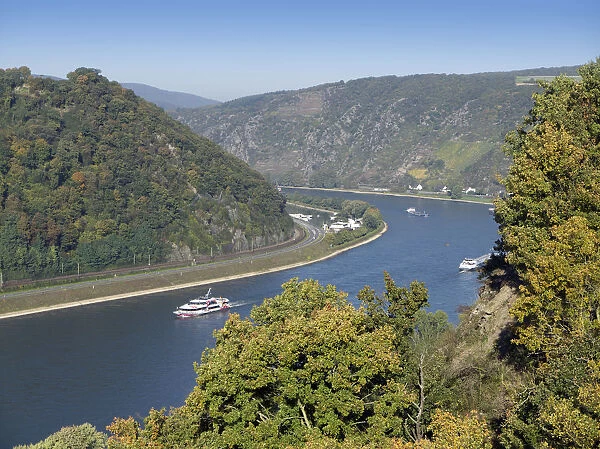 View from St. Goarshausen across the Rhine Valley, Rhineland-Palatinate, Rhine Valley, UNESCO World Heritage Site, Germany, Europe