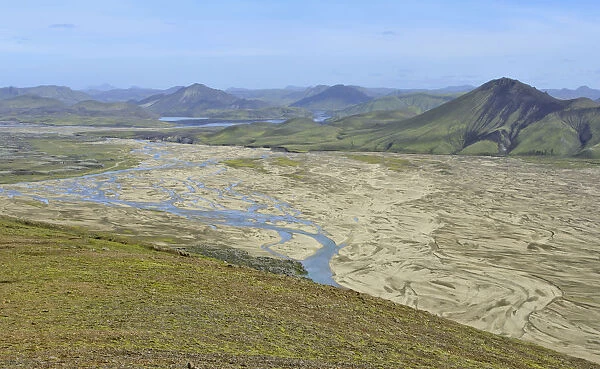 View from Suournamur Mountain over a river landscape with an alluvial fan, Landmannalaugar, Southern Region, Iceland