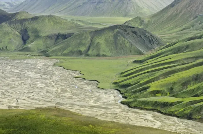 Framed Print : View from Suournamur Mountain over a river landscape with an alluvial fan, Landmannalaugar, Southern Region, Iceland Framed Print : View from Suournamur Mountain over a river landscape with an alluvial fan, Landmannalaugar, Southern Region, Iceland