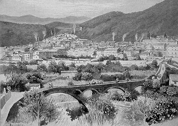 View of Taggia, Italian town in the region of Liguria, Italy, 1895, Historic, digital reproduction of an original 19th century artwork, original date unknown