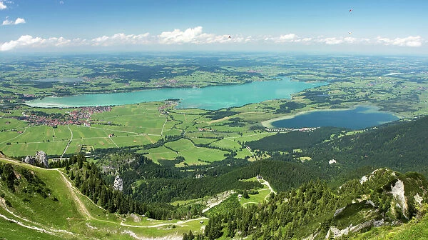 View from Tegelberg Mountain towards Lake Forggensee and Lake Bannwaldsee in Allgaeu, Bavaria, Germany, Europe, PublicGround