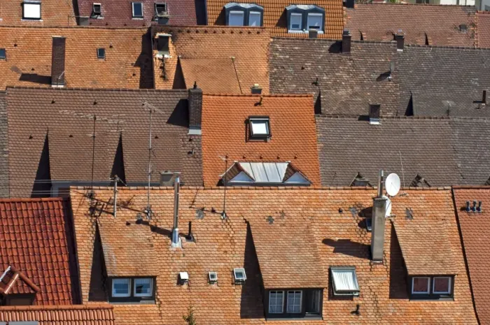 Framed Print : View of the tiled roofs of the historic centre, Breisach am Rhein, Baden-Wurttemberg, Germany