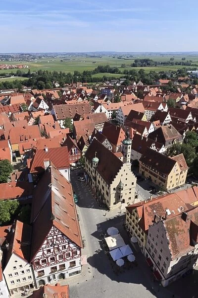 View from the tower of the Daniel or St. -Georgs-Kirche church to the north, market place and town hall, Noerdlingen, Swabia, Bavaria, Germany, Europe