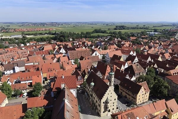 View from the tower of the Daniel or St. -Georgs-Kirche church to the north, town hall, Noerdlingen, Swabia, Bavaria, Germany, Europe