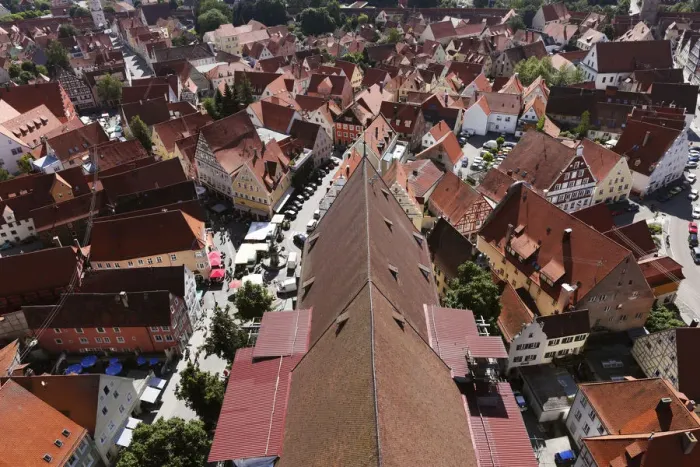 Framed Print : View from the tower of the Daniel or St. -Georgs-Kirche church to the east on the church roof, Noerdlingen, Swabia, Bavaria, Germany, Europe