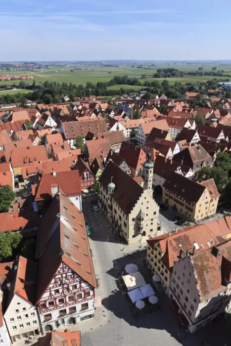Framed Print : View from the tower of the Daniel or St. -Georgs-Kirche church to the north, market place and town hall, Noerdlingen, Swabia, Bavaria, Germany, Europe