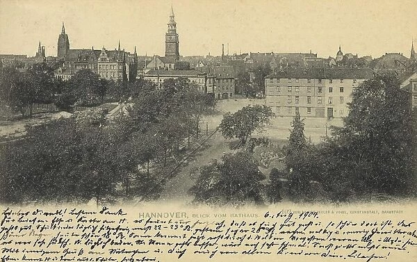 View from the town hall, Hannover, Lower Saxony, Germany, postcard with text, view around ca 1910, historical, digital reproduction of a historical postcard, public domain, from that time, exact date unknown