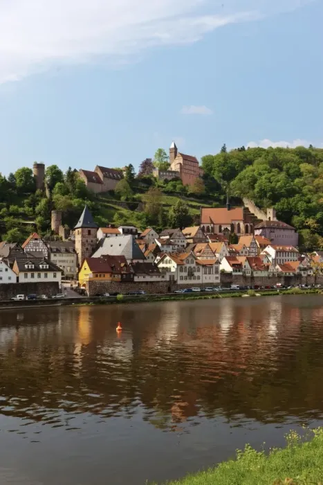 Framed Print : View of the town with Hirschhorn Castle, Marktkirche Church, the Carmelite Monastery and the Neckar River, Hirschhorn, Neckartal-Odenwald Nature Reserve, Hesse, Germany, Europe, PublicGround