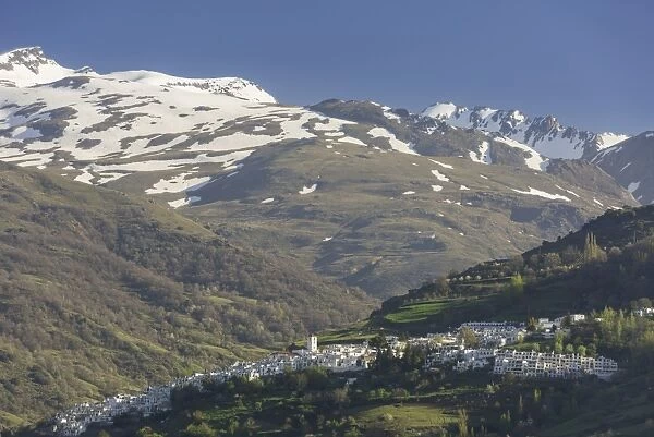 View over the town of Pampaneira towards the snow-capped Sierra Nevada Mountains, Pampaneira, Andalucia, Spain