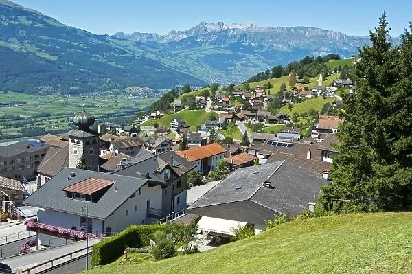 View from Triesenberg over the Rhine Valley towards the Alpstein Mountains, Principality of Liechtenstein