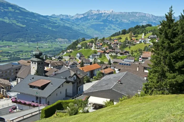 Framed Print : View from Triesenberg over the Rhine Valley towards the Alpstein Mountains, Principality of Liechtenstein Framed Print : View from Triesenberg over the Rhine Valley towards the Alpstein Mountains, Principality of Liechtenstein