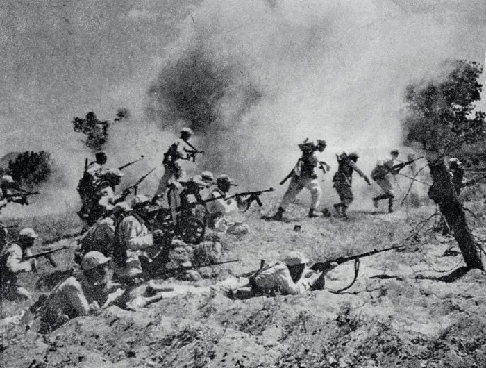 Framed Print : View of Troops Firing Weapons in War Zone