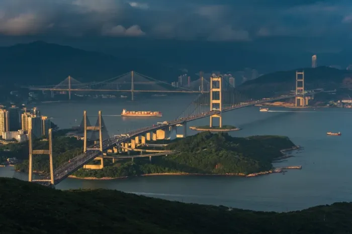 Framed Print : View of Tsingma bridge from Lantau island Framed Print : View of Tsingma bridge from Lantau island