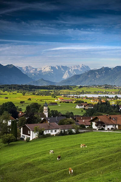 View of the village of Aidling, Riegsee Lake, Upper Bavaria, Bavaria, Germany