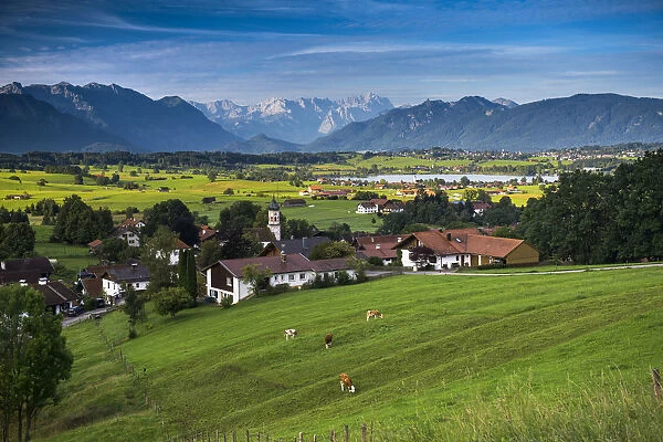 View of the village Aidling, Riegsee Lake, Upper Bavaria, Bavaria, Germany