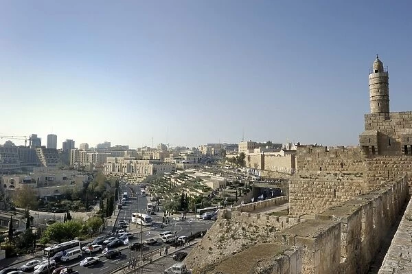View from a west-facing wall to West Jerusalem, Tower of David of the David Citadel, right, Jerusalem, Israel, Middle East, Southwest Asia
