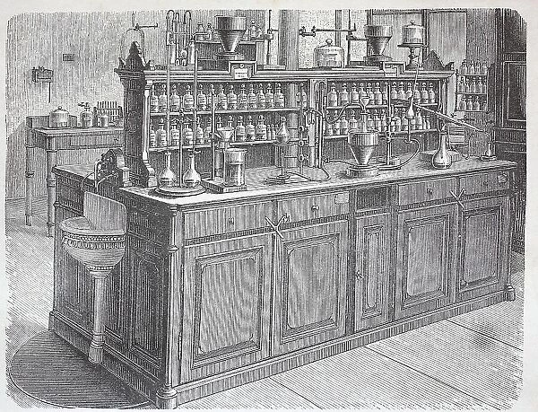 View of a work table in the chemistry laboratory of the University of Leipzig, 1888, Germany, Historic, digitally restored reproduction of an original 19th-century original