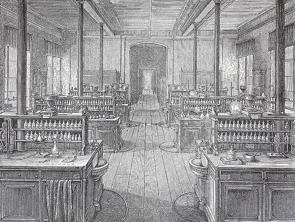 View of a workroom in the chemistry laboratory of the University of Leipzig, 1888, Germany, Historic, digitally restored reproduction of an original 19th-century master copy