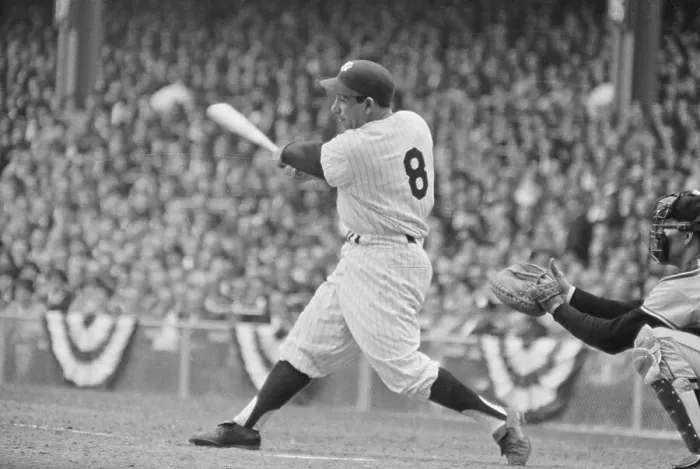 Framed Print : Side View of Yogi Berra Swinging Bat