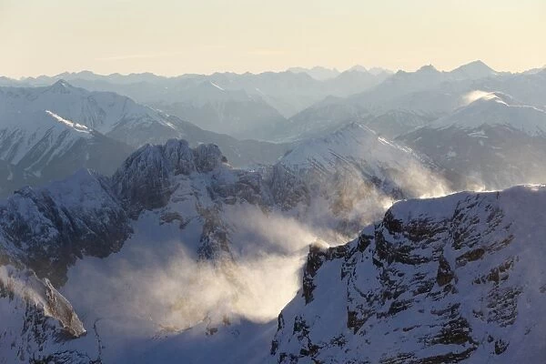 View from Zugspitze Mountain over Gruenstein und Tschirgant Mountains, Wetterstein Mountains, Tyrol, Austria, Europe