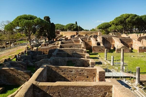 A viewpoint over the ruins of the Ancient Roman harbour city of Ostia Antica in Rome, Italy
