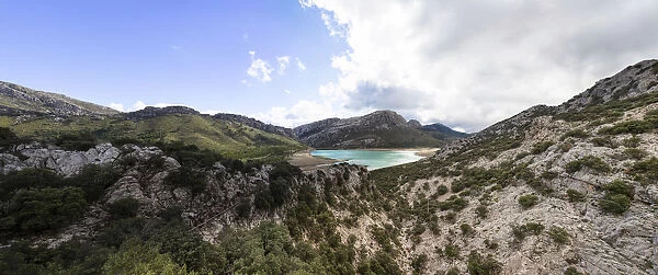 Views of the Serra de Tramuntana, mountain range and the Gorg Blau reservoir, Escorca, Son Torella, Majorca, Balearic Islands, Spain