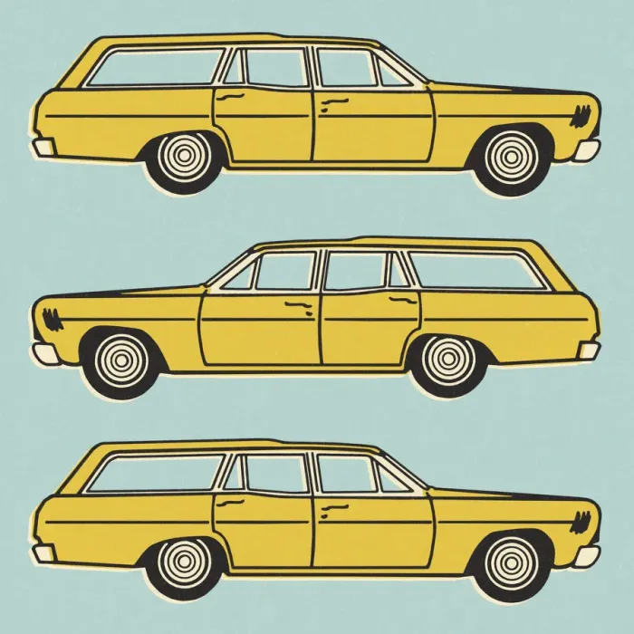 Framed Print : Three Views of a Yellow Station Wagon Framed Print : Three Views of a Yellow Station Wagon