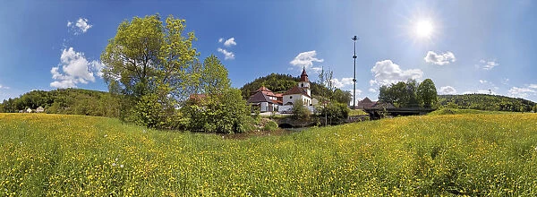Village of Altdorf with a flower meadow, Ritter- und Romerweg, trail of the Knights and the Romans, Altdorf, Titting, Altmuhltal Nature Park, Bavaria, Germany