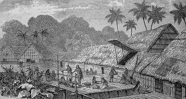 Village of the Dajak ethnic group in Borneo, Indonesia, in 1880, Historic, digital reproduction of an original 19th century original