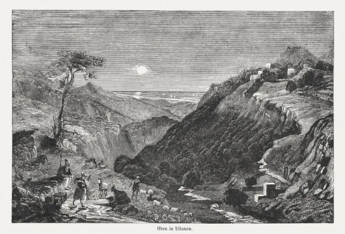 Framed Print : Village of Eden in Libanon, wood engraving, published in 1855 Framed Print : Village of Eden in Libanon, wood engraving, published in 1855