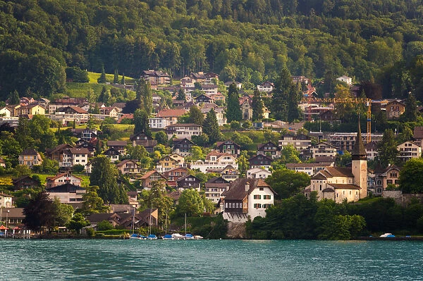 The village and landscape beside lake Thun, Switzer