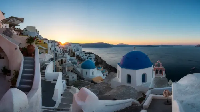 Framed Print : Village of Oia at sunrise, Santorini, Greece
