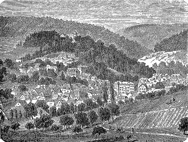 The village of Sonneberg in Thuringia, Germany, in 1870, digitally restored reproduction of an original 19th-century painting
